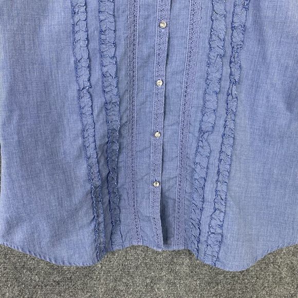 Adolfo Chambray Blue Button-up Shirt Women Size M Ruffles Crystal Buttons - Picture 3 of 14